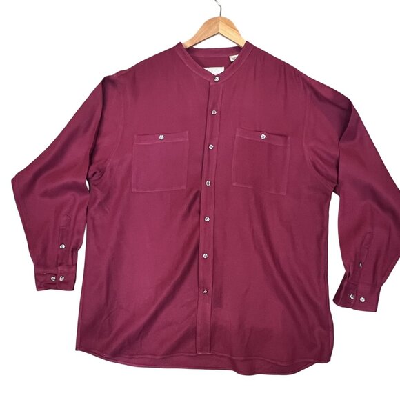 Murano Mens XL Shirt Burgundy 100% Silk Band Collar Long Sleeve Button Up Pocket - Picture 1 of 10